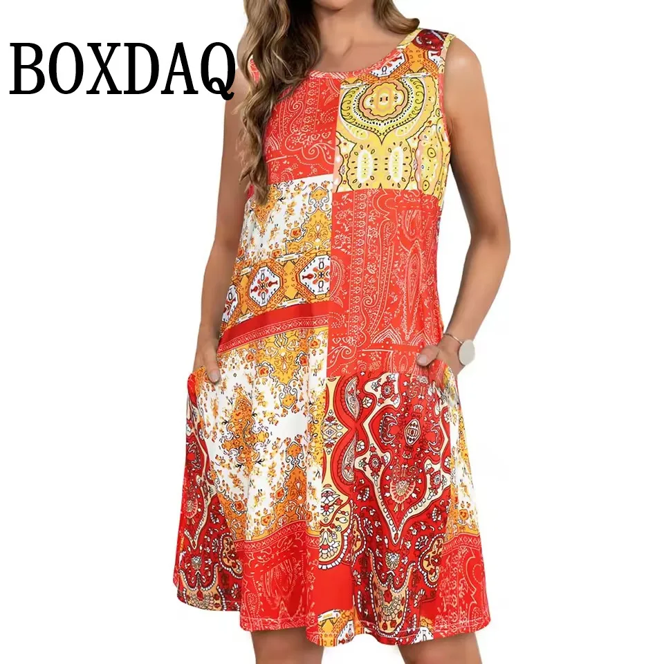 Dresses For Women Sleeveless Summer Boho Loose Beach Dress Casual 3D Printed Mini Dresses Vintage Sundress Tank Ladies Clothing