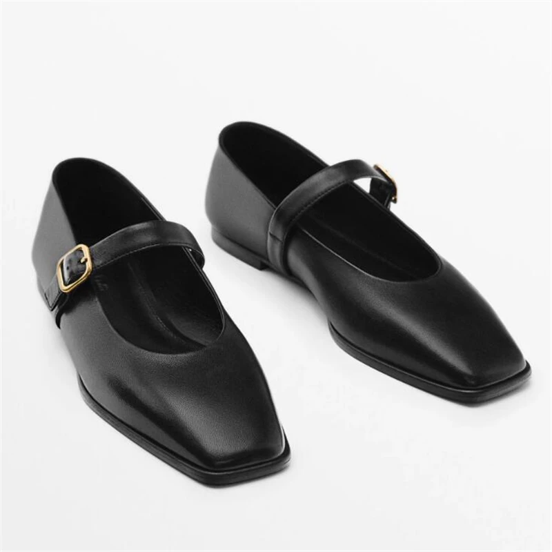 

New Womens Shoes Fashion Genuine Leather Square Toe Vintage Mary Jane Ballet Flat Shoes Woman Luxury Casual Office Daily Black