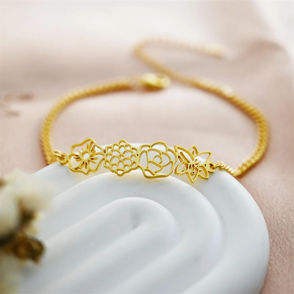 Personalized Stainless Steel Birthflower Bracelet Family Jewelry Custom Flower Charm Bracelets Mom Sister Birthday Gift