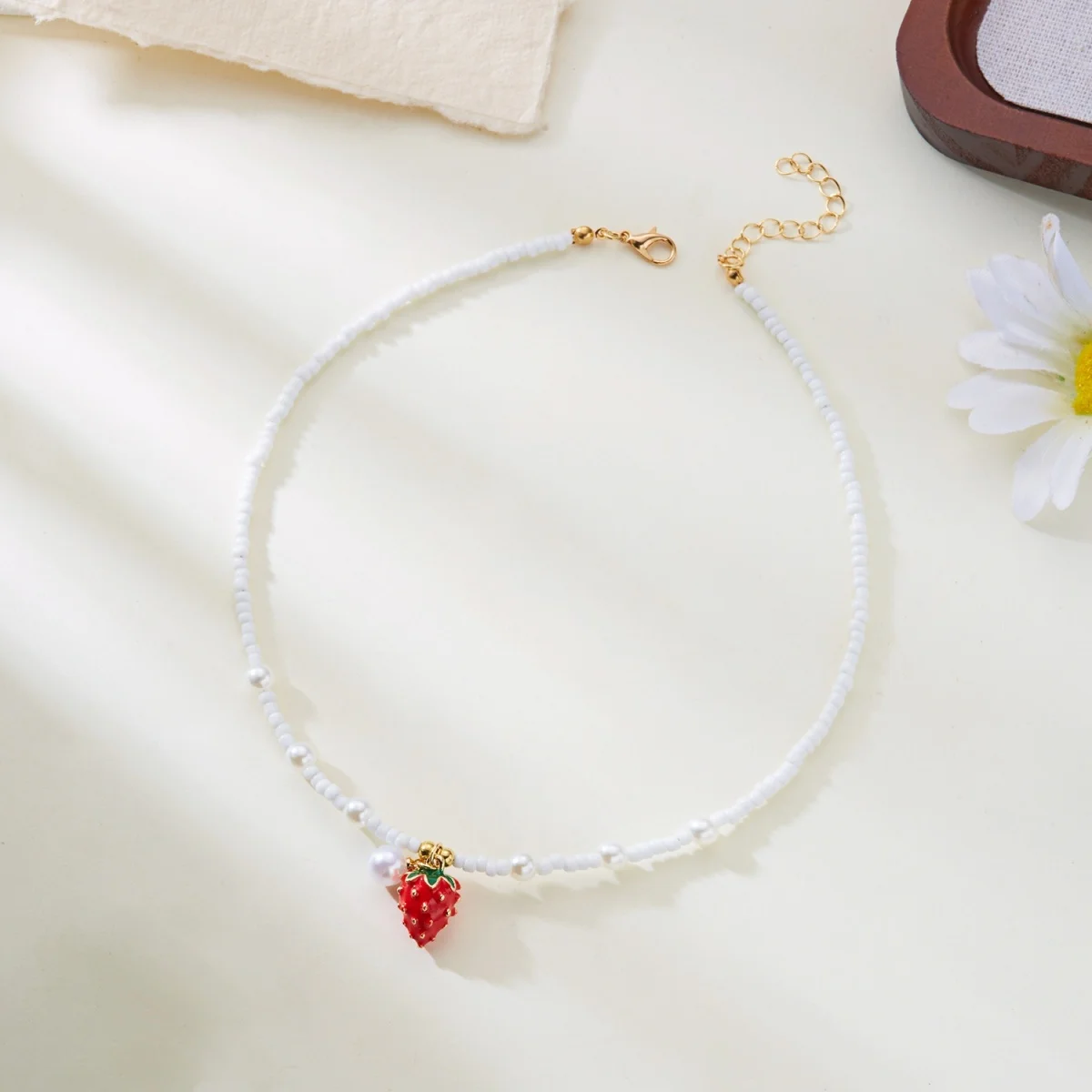 Reisperlen-Erdbeer-Anhänger-Halskette für Damen und Herren, süße, niedliche Kirsch-Herz-Schleifen-Quasten-Halskette, Y2K-Sommer-Modeschmuck – Detail 19