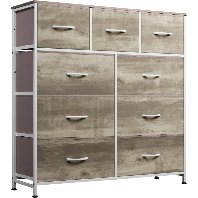 

Drawer Dresser, Fabric Storage Tower, Wood Top, Easy Pull Handles, Taupe