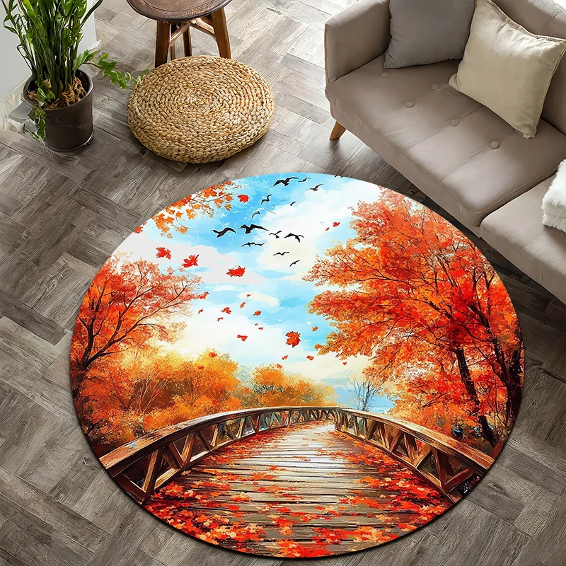 Deciduous Wood Bridge Theme Flannel-printed round floor mats are slip-resistant Suitable for living room terrace garden carpets