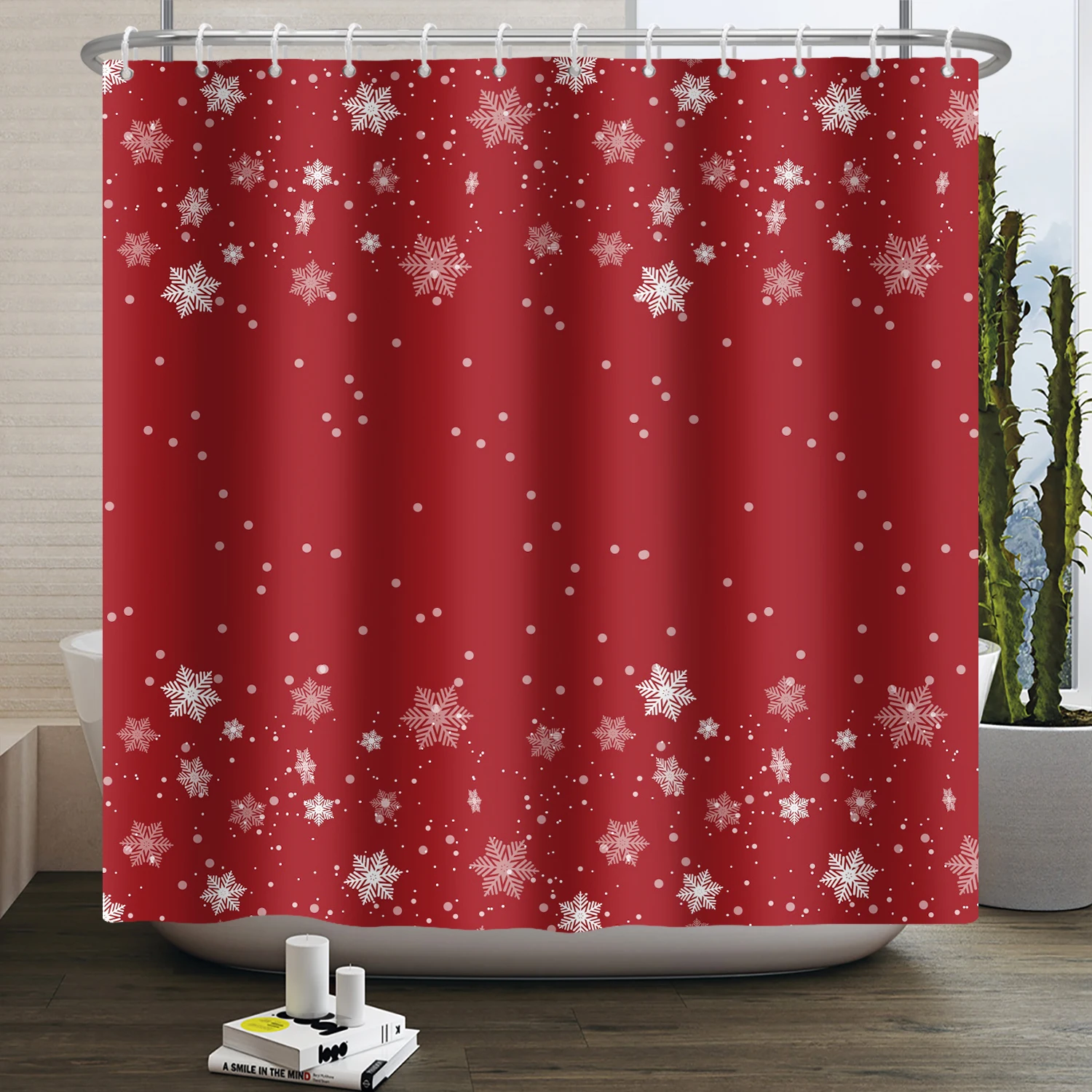 Red Christmas Theme Shower Curtain Winter Snow Decoration Bathroom Partition Polyester Waterproof Hanging Curtain With Hooks