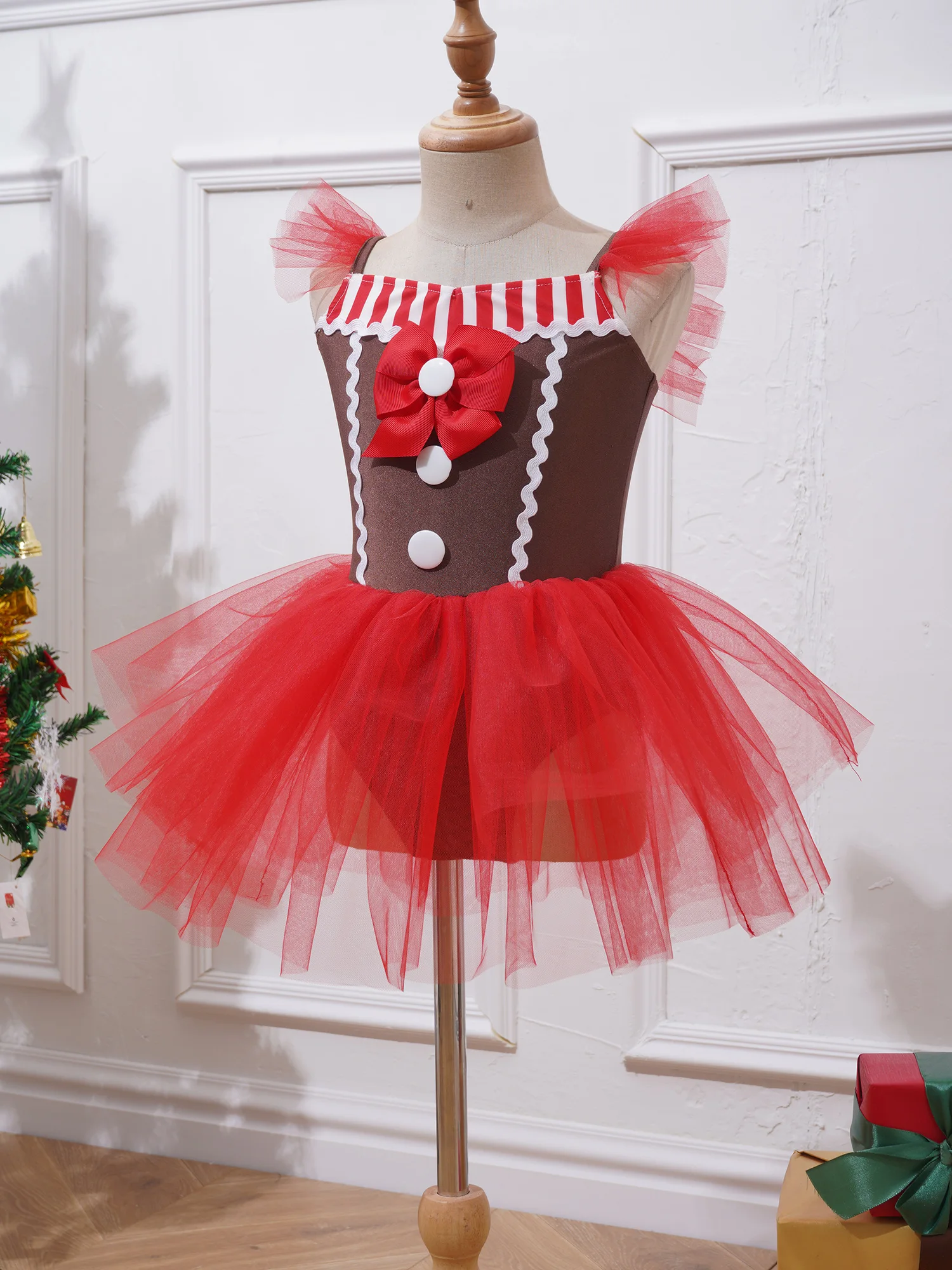 Girls Christmas Gingerbread Man Costume Sleeveless Stripes Mesh Tutu Dress Dance Leotard Kids Holiday Cookie Role Play Dress up