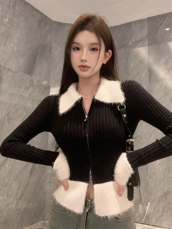 Black Short  Neck Knitted Cardigan Women's Autumn Winter Thickened Warm Zipper Sweater Slim Fit Inner Shirt Base Top