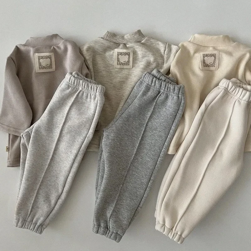 Toddler Boys Girls Casual Sports Pants Autumn Winter Infant Solid Color Fleece Warm Sweatpants Baby Loose Jogger Pants A5240