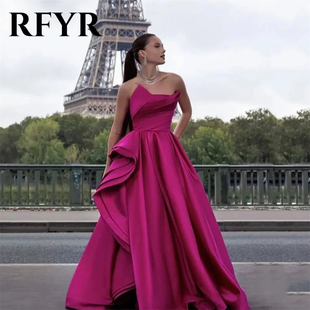 

RFYR Fuchsia A Line Satin Arabic Women Prom Dresses Draped Formal Evening Gowns Floor Length Specail Occasion Celebrity Dress