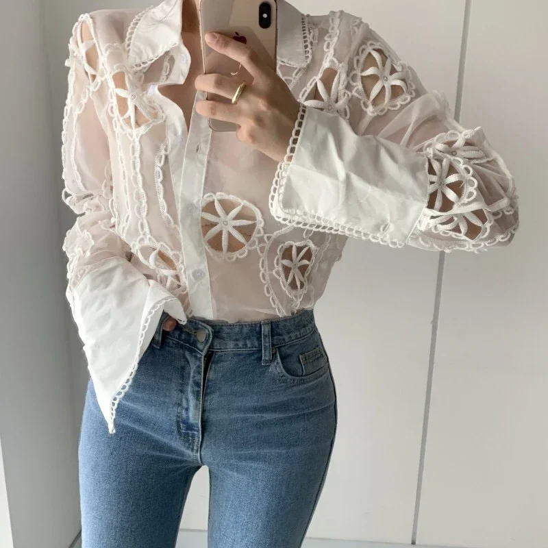 Fashion Vintage Embroidery Hollow Out Sexy Long Sleeve Women Shirt Casual Loose White Tops See Through Blouses