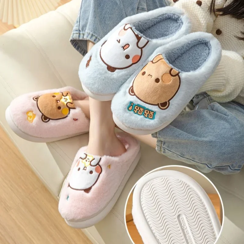 Anime bubu dudu urso chinelo de pelúcia dos desenhos animados casal chinelos inverno lazer casa ao ar livre anti deslizamento fundo grosso sapatos algodão quente