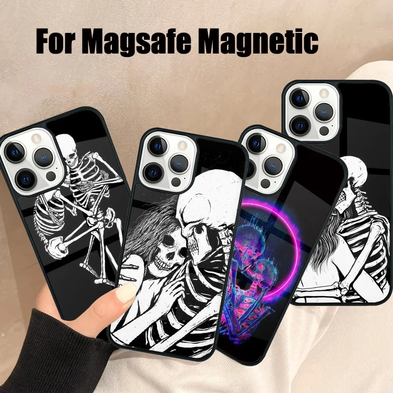 

Skeleton Love Skull Phone Case For iPhone 17 Air 16 15 16e 14 13 12 11 Pro Max Plus Mirror Wireless Magsafe Magnetic Cover