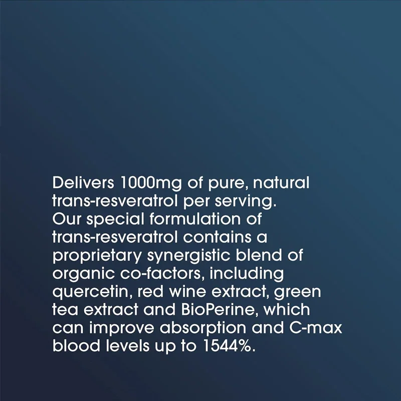 1000 Milligrams of Trans Resveratrol. 99.5% Pure, 15 Times Better Absorption of 420mg Polyphenol Complex