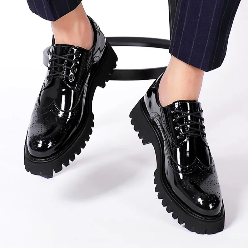 Brogues Pointed Toe Shoes Men Height Increase 5cm Genuine Leather Casual Business Formal Shoes Gentleman Wedding Shoes