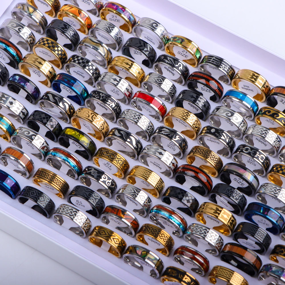 10/20/30/50Pcs/Lot Stainless Steel Fashion Ring Wood Grain Ring Men's Wedding Ring Women's Party Mixed Style Random Style view 4