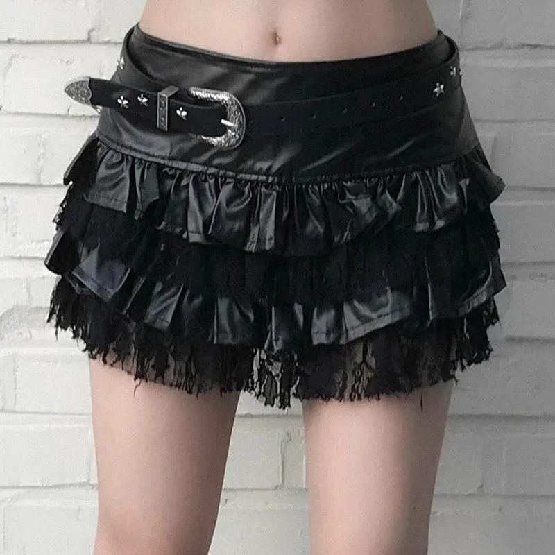 

Y2K Punk Style Lace Patchwork Leather Mini Skirt Streetwear Design Short Half-length Skirt for Trendy Women