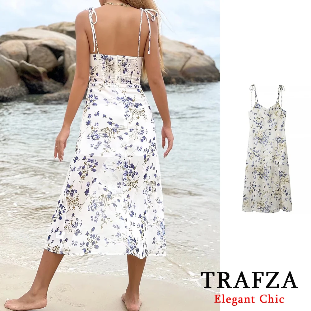 TRAFZA francese Vintage a vita alta floreale vestito da donna moda 2024 estate Cami Midi Dress Beach Party Holiday abito da sera