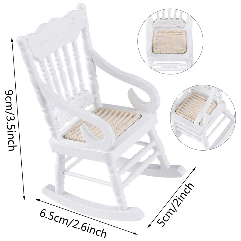 6 Pcs 1:12 Toy Miniature Furniture Wooden Rocking Chairs Toy Accessories For Doll House Decoration,White