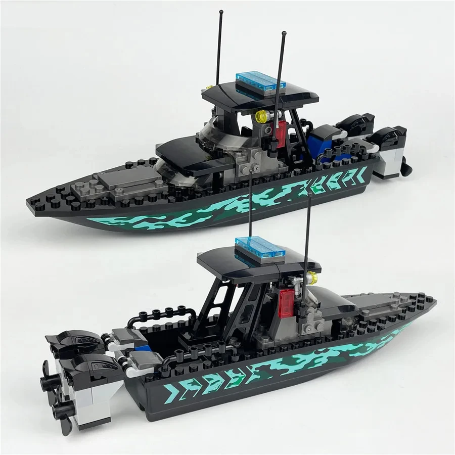 Building blocks, boats, patrol boats, rubber boats, speedboats, model children, boys, assault boats, assembled small particles,