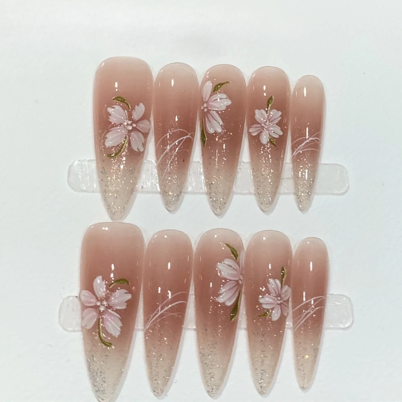 Uñas postizas de almendra pura hechas a mano, Uñas postizas de cobertura completa, diseño de mariposa y Diamante, manicura usable, arte de puntas de uñas, 10 piezas