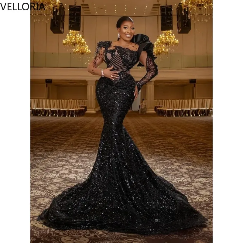 

Black Sequin Mermaid Evening Dress One Sleeve Formal Party Gown Elegant Glitter 2025 New Ball Gown Vestdos De Fiesta Customized