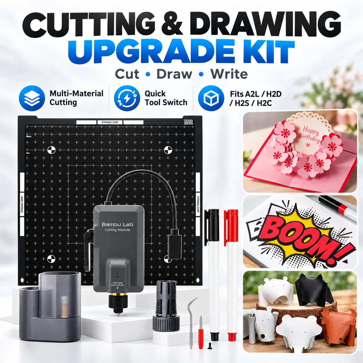 Bambu Lab Cutting & Drawing Module Upgrade Kit for A2L H2D H2S H2C, Precision Cutting Mat Blade & Pen Holder Set