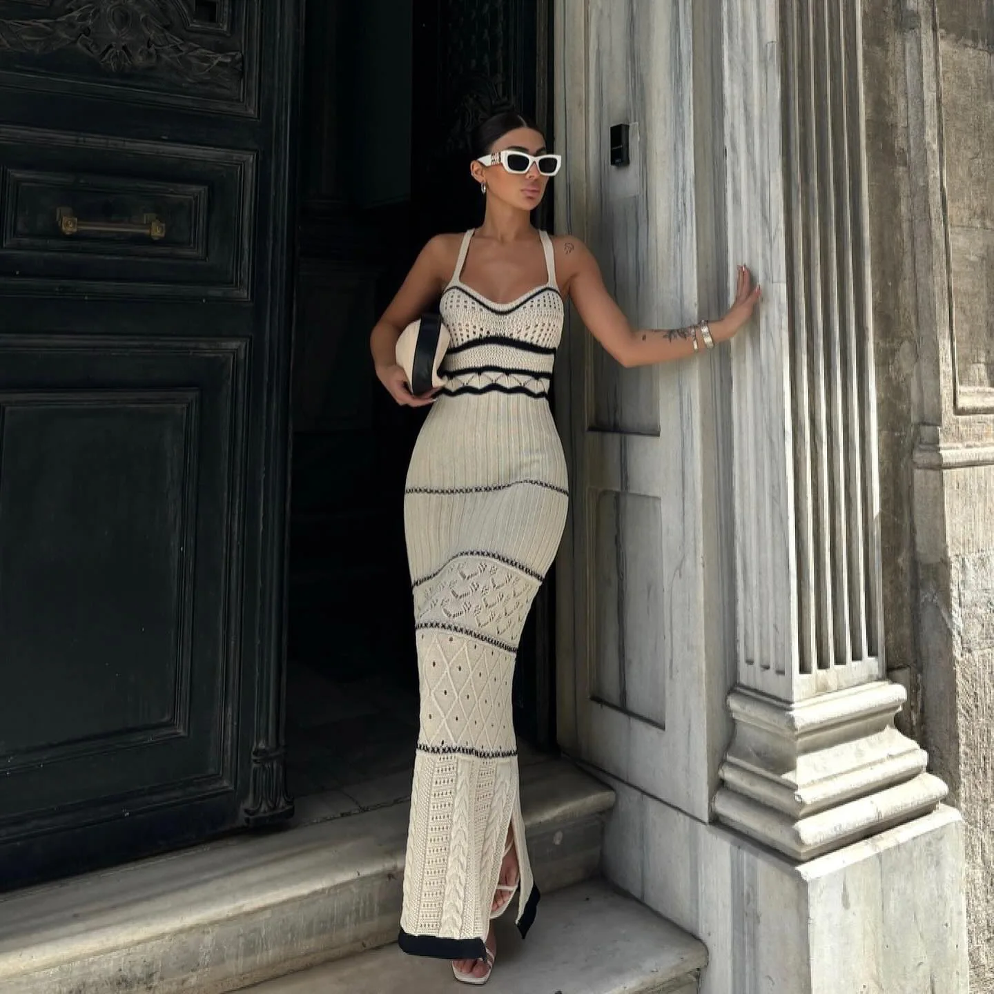 

Женское сексуальное длинное платье на тонких бретельках контрастного трикотажа, элегантное платье макси с открытой спиной и боковым разрезом для праздничной вечеринки, Vestidos