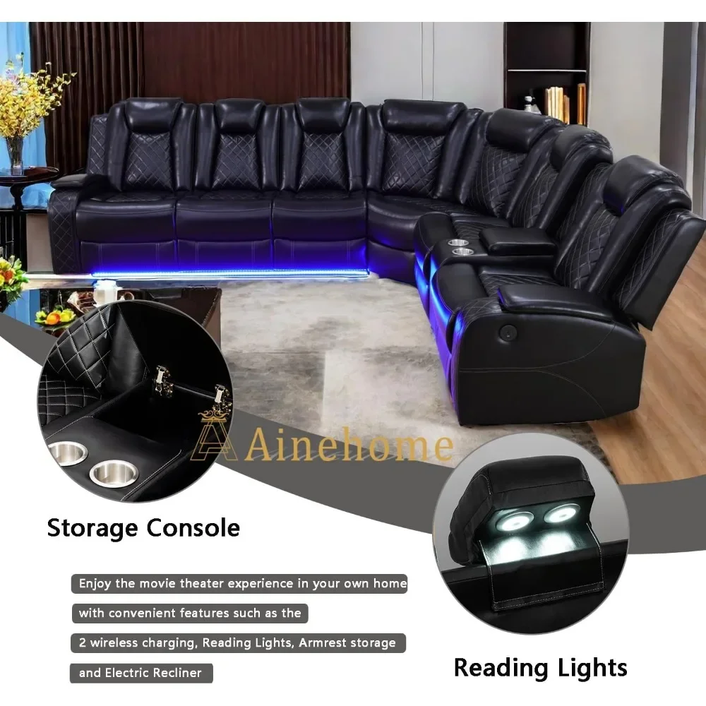 Conjunto reclinável elétrico, com luzes LED, suporte para copos, armazenamento oculto, conjunto de sofá secional de couro para sala de estar, reclinável