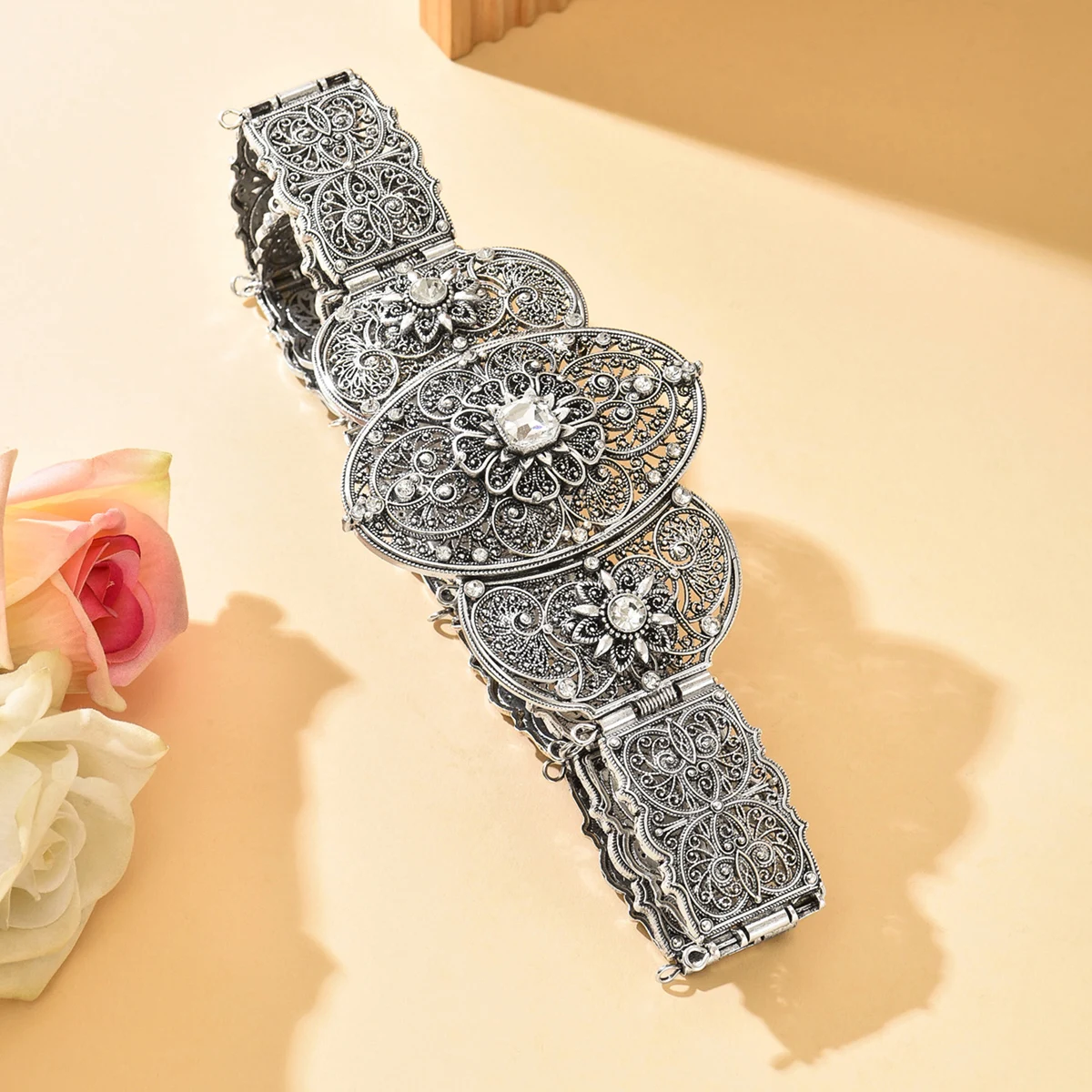 Bauchkette, verstellbare Länge, Antik-Silber-Farbe, Schmuck, Fatima, modisch, schick, kaukasische Braut für Frauen, Blumen-Taillengürtel