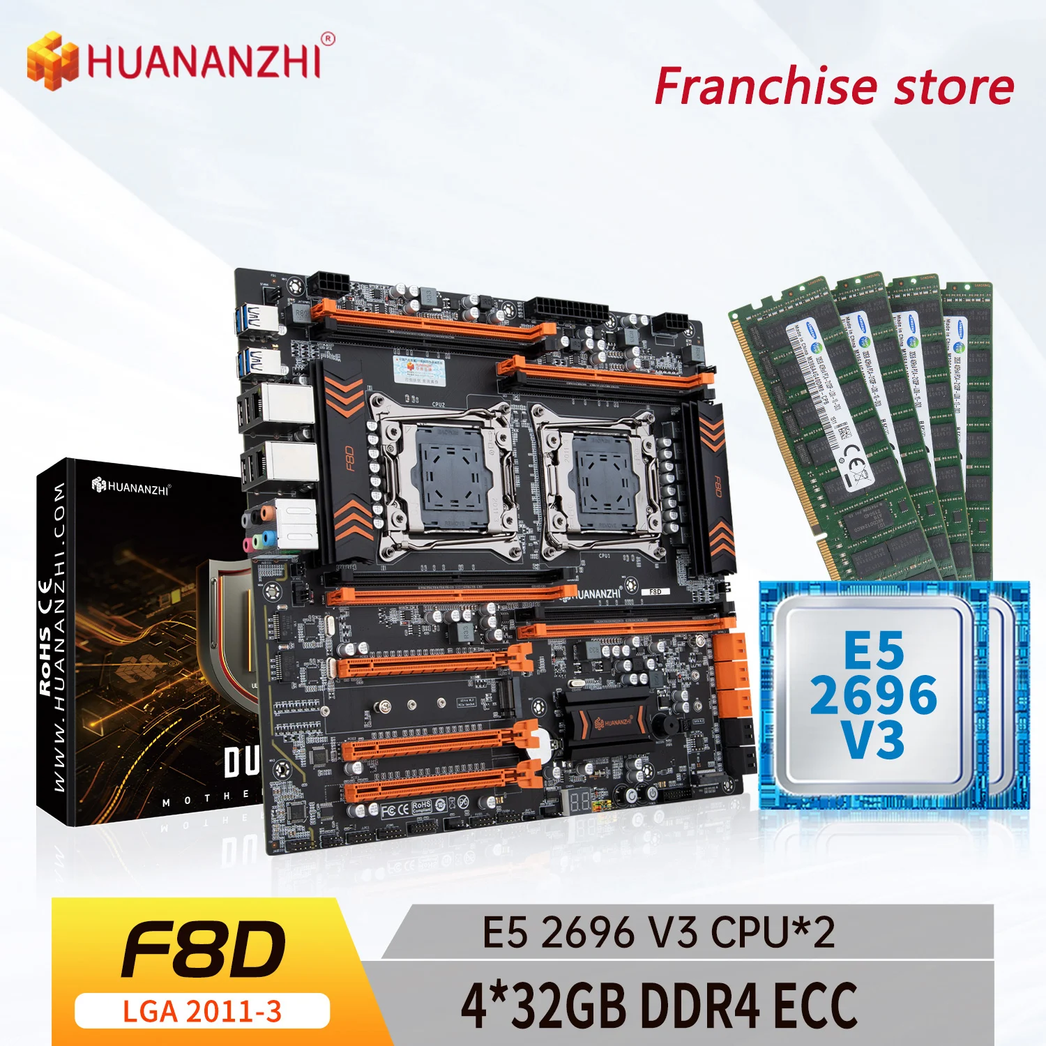 

HUANANZHI-placa base X99 F8D LGA 2011-3 XEON X99 con Intel E5 2696 V3 * 2 con 4x32GB DDR4 RECC, kit combinado de memoria NVME US