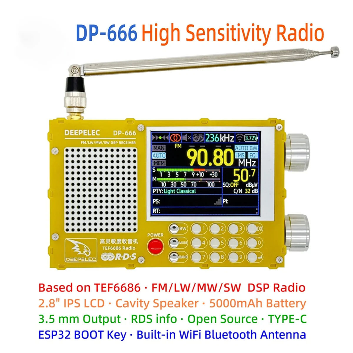 DP-666 TEF6686 Radio 5000mAh High Sensitivity Full Band FM AM FM Short Wave Radio Receiver with Antenna Yellow