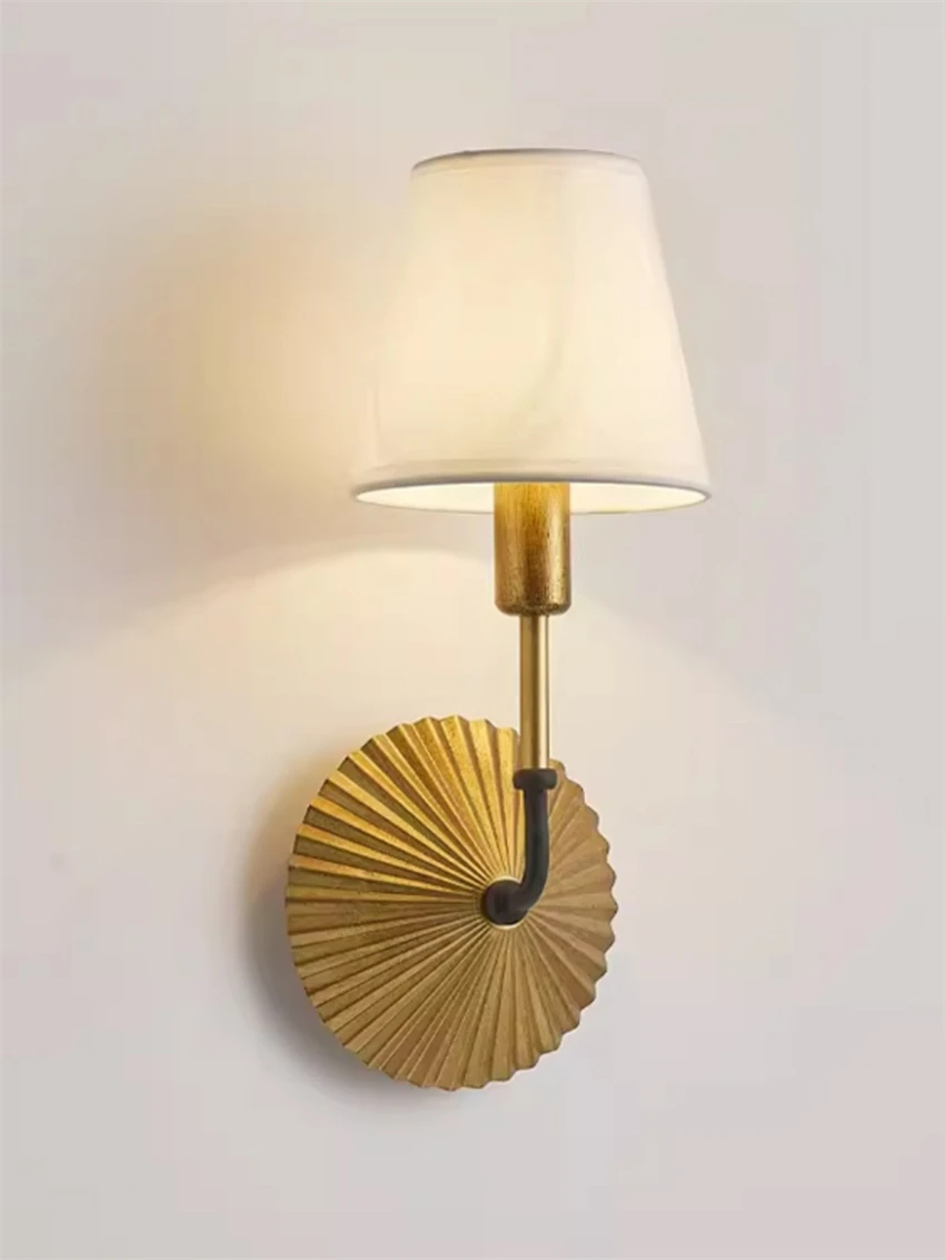 American Country Vintage Solid Wood Gold Wall Lamps Bedroom Warm Cotton Linen Lampshade Study Bedside Lamp Wall sconces lights