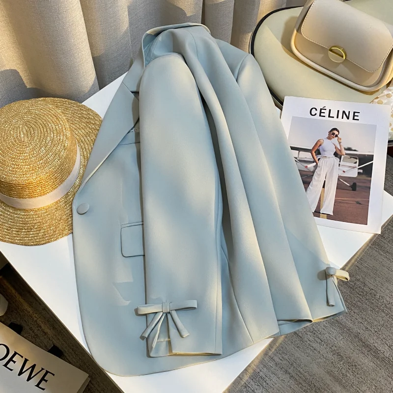 Women Light Blue Simple Sweet Cuff Bow Suit Jacket Fashion Elegant Simple French Office Lady Long Sleeve Suit Jacket