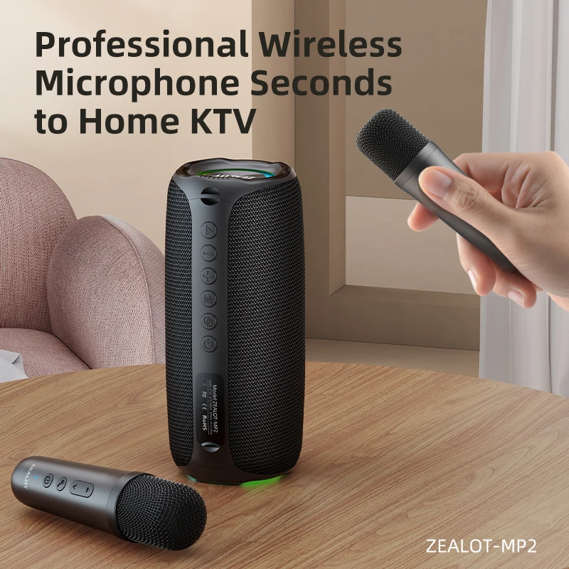Zealot-MP2 Karaoke Machine Portable Bluetooth Speaker with 1-2 Wireless Microphone 10H Playtime, IPX5 Waterproof for Outdoor