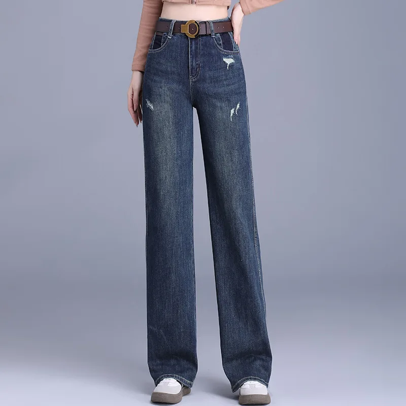 

Wide-Leg Jeans for Women, Spring and Autumn High-Waisted Loose Floor-Length Pants, Casual Slimming Narrow Straight-Leg Trousers