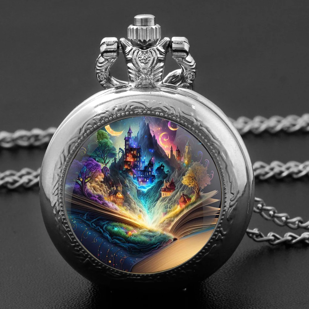 Retro Exquisite Magic Book Castle Design Medium Pocket Watch Necklace Kids Birthday Gift Pocket Watch Pendant Fashionable