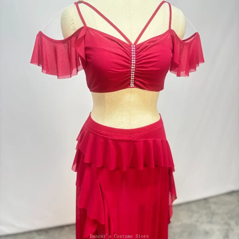 تخصيص بدلة الرقص الشرقي ممارسة DressHot الماس غزل الماء الدانتيل فستان طويل الإحساس أداء فستان مجموعة للنساء 2 قطعة