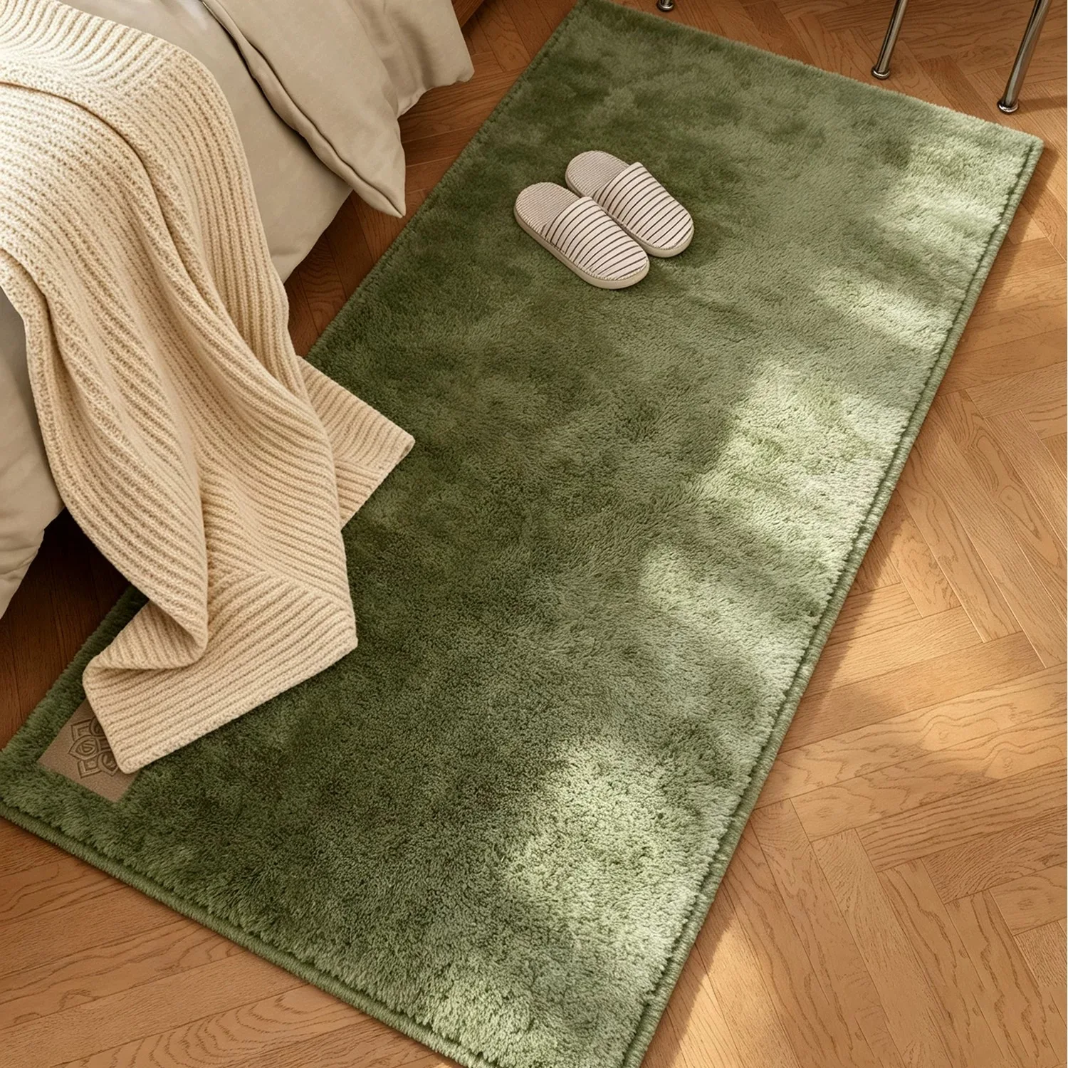 Bedroom Beside Carpet Stain-resistant Wear-resistant Floor Mat Vintage Green Geometric Pattern Long Strip Rug Home Decor Rugs