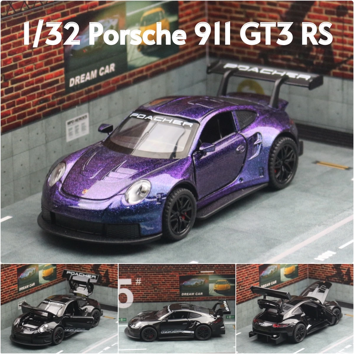 1/32 Porsche 911 GT3 RS Racing Toy Car Model Diecast Metal Rally Miniature Pull Back Sound & Light Collection Gift For Boys Kid