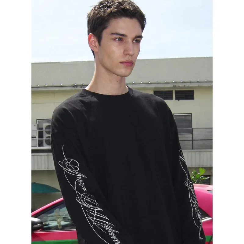 Y2K Men Long Sleeve T-Shirt 100% Cotton Handwritten Script Print Loose Boxy Fit Streetwear Pullover Casual Sportswear Base Layer