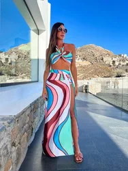 Sexy Two Pieces Solid Long Dresses For Women 2024 Summer Crop Tops and Mini Skirts Suit Hollow Out Halter Beachwear White Dress