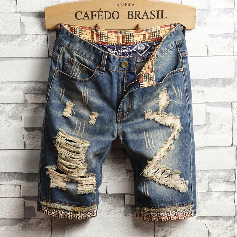 Blue Mens Ripped Short Jeans, Clothing Bermuda Cotton Shorts, Breathable Denim Shorts Male New Fashion Size 28-40