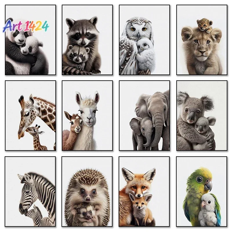 Animal and Their Cute Baby Poster Lion Elephant Koala Bear Owl Fox Canvas Painting Wall Art Pictures for Nursery Baby Room Decor