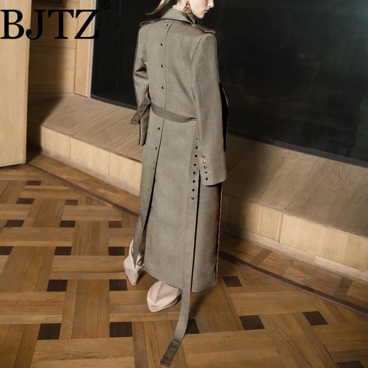 

BJTZ 2025 New British Style Elegant Women's Coat With High-End Feel Solid Color Turn-Down Collar Belt Long Sleeve Long Trench