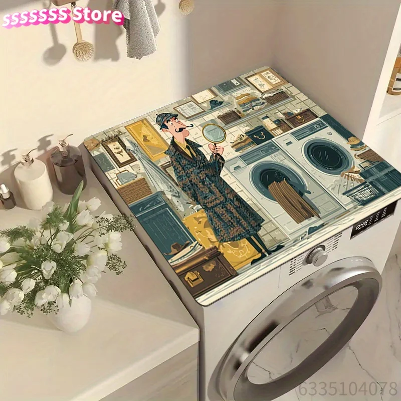 A Design for a Vintage Detective-Style Pattern Washing Machine Top Protector, Washing Machine Mat, Kitchen Accessory, Bathroom H