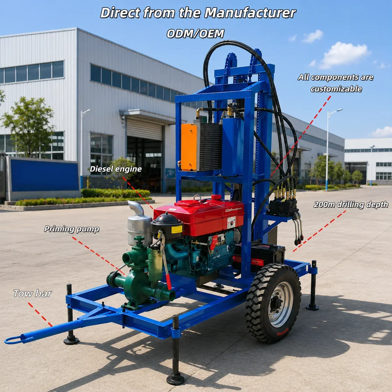 100m/200m Deep Drilling Rig For Water Well Towed Small Hydraulic Water Well Drilling Rig 25HP Economy Class