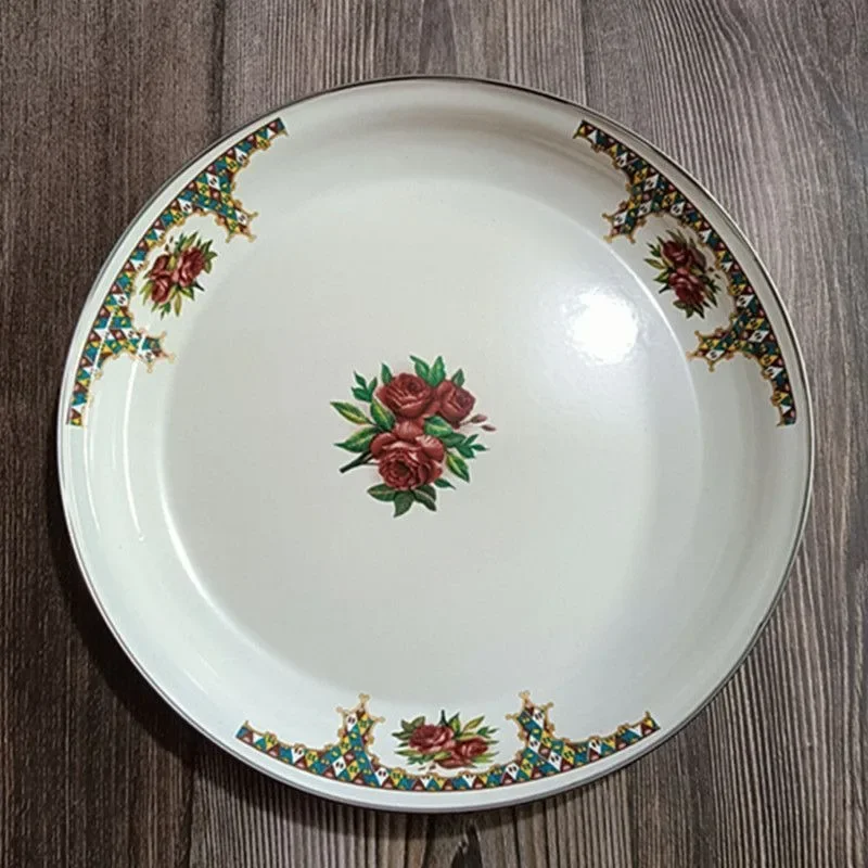 Thickened Enamel Plate Round Multi-use Serving Tray Household Tea Plate Fruit Vegetable Platter Large Kebab  Chicken Serving