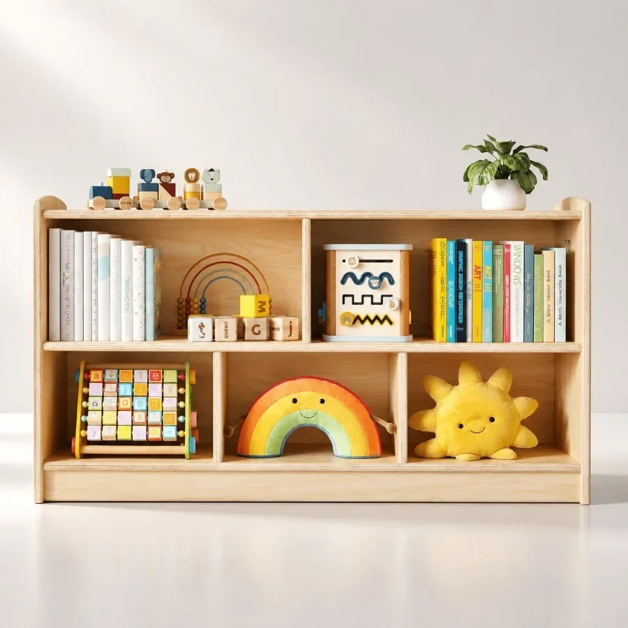 Montessori shelf for kids room: birch plywood, natural wood color, rounded edges and low height for safe, independent toy and b
