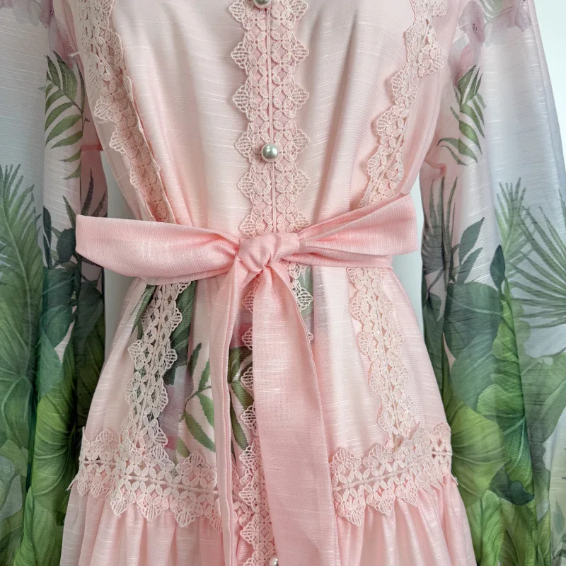 Tropische print Lace Splice Lantern Sve Holiday Dr Country Sle midden taille fluwelen stof lang Sve Thiened Dr