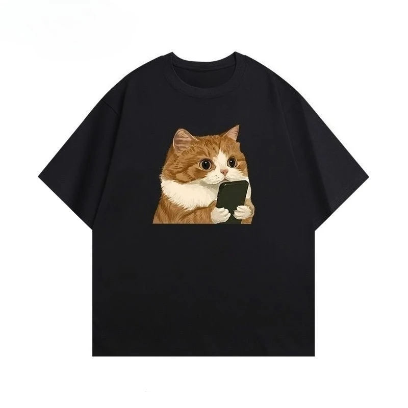 Chat Nouveau تي شيرت À Manches Courtes Hommes Et Femmes Chat Mignon Chat Creéatif Dessin Animé Simple Pur Coton Impression Polyva