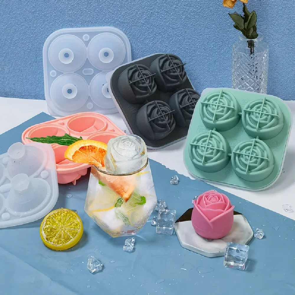 Newest Styles 4-Hole Rose Ice Tray Silicone Mold DIY Creative Peach Ice Ball Ice Cube Mousse Cake Ice Box Bake Silicone Tool