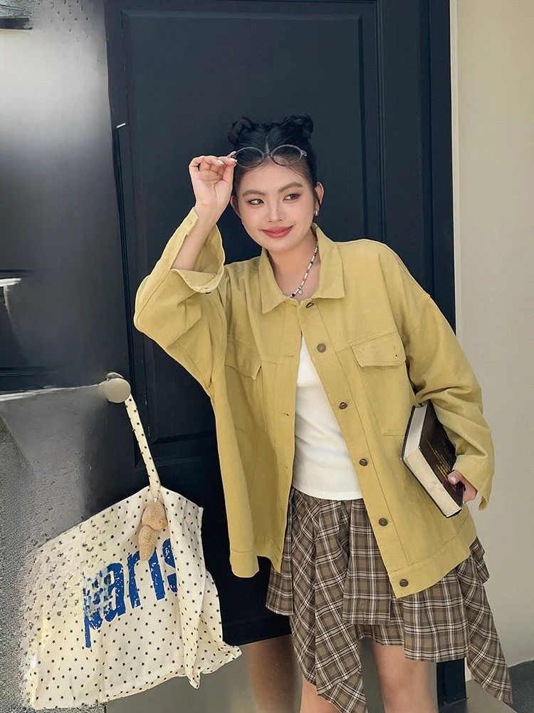 

Новая весенняя женская джинсовая рубашка больших размеров в корейском стиле с отложным воротником, свободного кроя, с эффектом похудения, для повседневной носки, модная, больших размеров